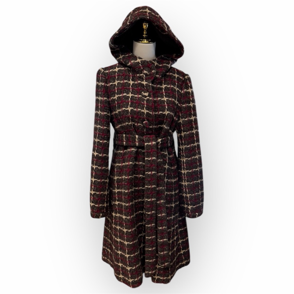 Tocca Plaid Hooded Wool Coat - Red and White